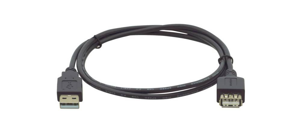 Ein schwarzes High-Speed-USB-Kabel, aufgewickelt auf weißem Hintergrund. Das Kabel zeigt gedruckten Text, der ‚USB', ‚High Speed' und ‚Kabel' anzeigt.