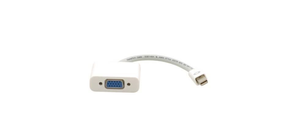 Mini-DisplayPort zu VGA-Adapter mit einem weißen Kabel, zum Anschluss eines Computers oder Geräts mit Mini-DisplayPort-Ausgang an einen VGA-Bildschirm.