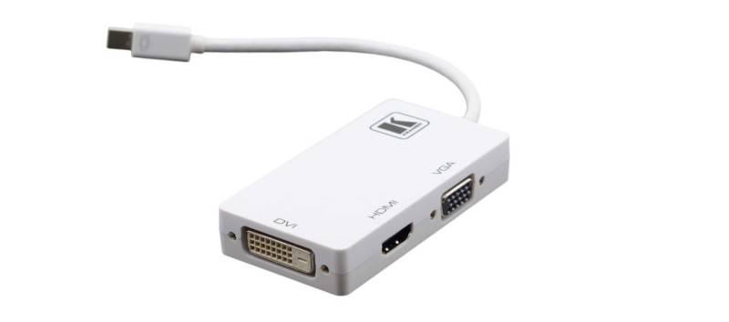 Ein weißer Adapter mit DVI-, HDMI- und VGA-Anschlüssen zum Anschluss verschiedener Videogeräte, der seine vielseitigen Anschlussmöglichkeiten hervorhebt.