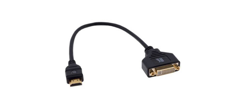 HDMI-zu-DVI-Kabeladapter mit schwarzen Anschlüssen, verwendet zum Anschluss von HDMI-Geräten an DVI-Displays, beide Anschlüsse werden deutlich gezeigt.