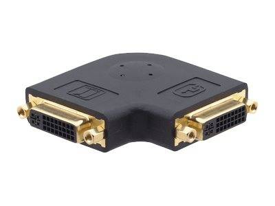 Schwarzer Winkeladapter für DVI-Kabel mit zwei vergoldeten DVI-Anschlüssen auf weißem Hintergrund.