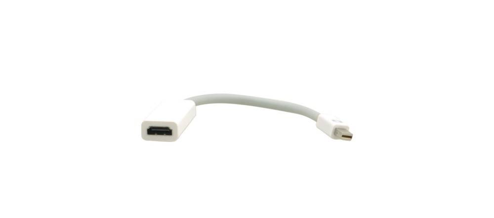 Ein weißes DisplayPort-zu-Mini-DisplayPort-Adapterkabel, das den größeren DisplayPort-Buchsenanschluss auf der einen Seite und den Mini-DisplayPort-Steckeranschluss auf der anderen Seite zeigt.