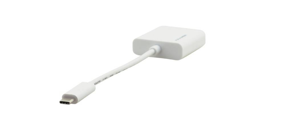 Ein weißer USB-C zu VGA-Adapter mit einem kurzen Kabel. Er verfügt über ein kompaktes Design und eignet sich zum Anschluss von Geräten mit unterschiedlichen Anschlüssen.