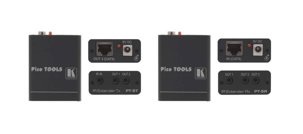 Ein kleines schwarzes Gerät mit dem Text Pico TOOLS und PT-5T beschriftet. Es verfügt über Anschlüsse, die mit OUT 3 (CAT5), 5V DC, IR IN sowie OUT 1 und OUT 2 gekennzeichnet sind.