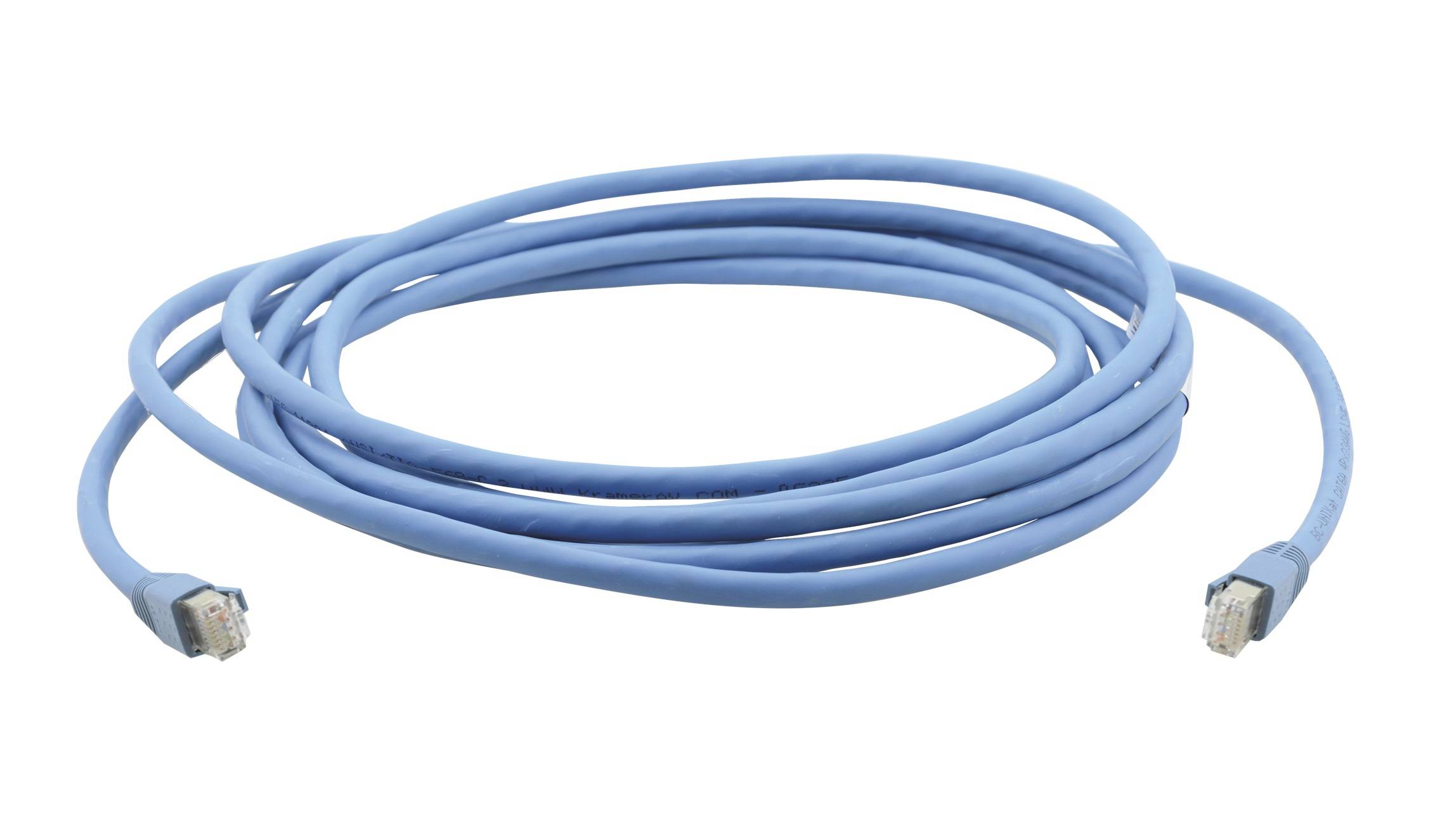 Aufgerolltes blaues Ethernet-Netzwerkkabel mit Steckern an beiden Enden.
