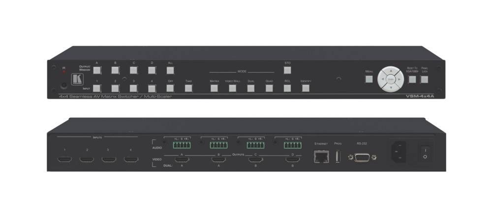 Ein Rack-mountable AV Multi-Scaler-Gerät mit mehreren Eingangs-/Ausgabemöglichkeiten, einschließlich Video- und Audioports, Ethernet und Steuerungstasten.