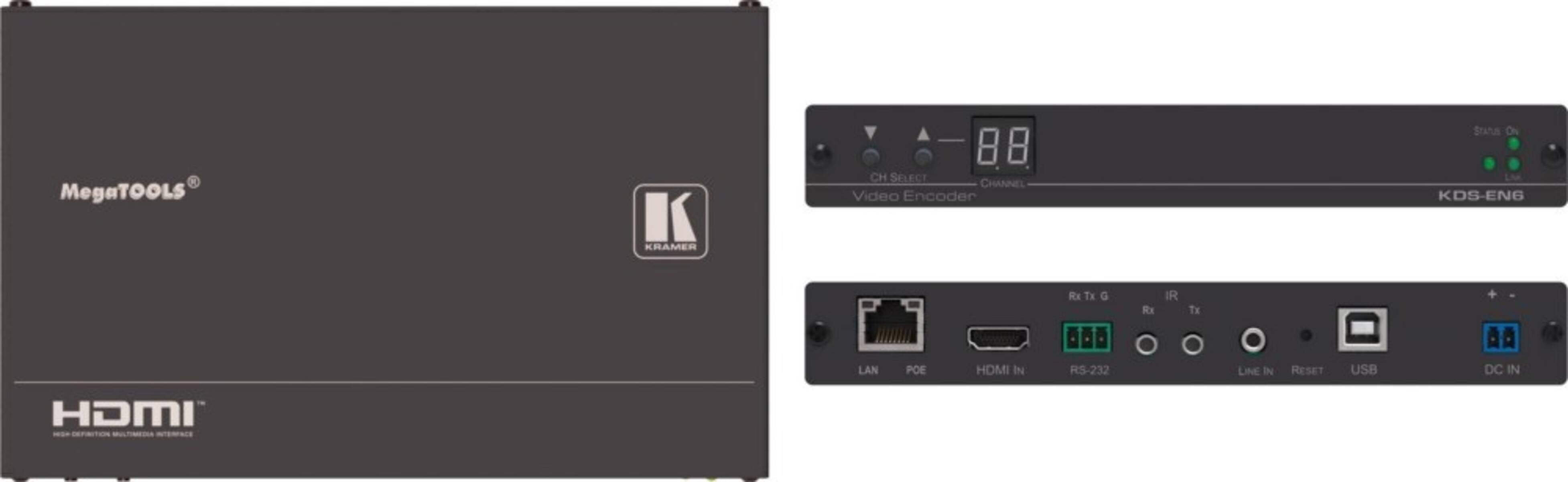 Kramer Videoencoder-Gerät. Verfügt über LAN-, PoE- und HDMI-Anschlüsse; digitales Display zeigt Kanalnummer mit Tasten zur Kanalauswahl.