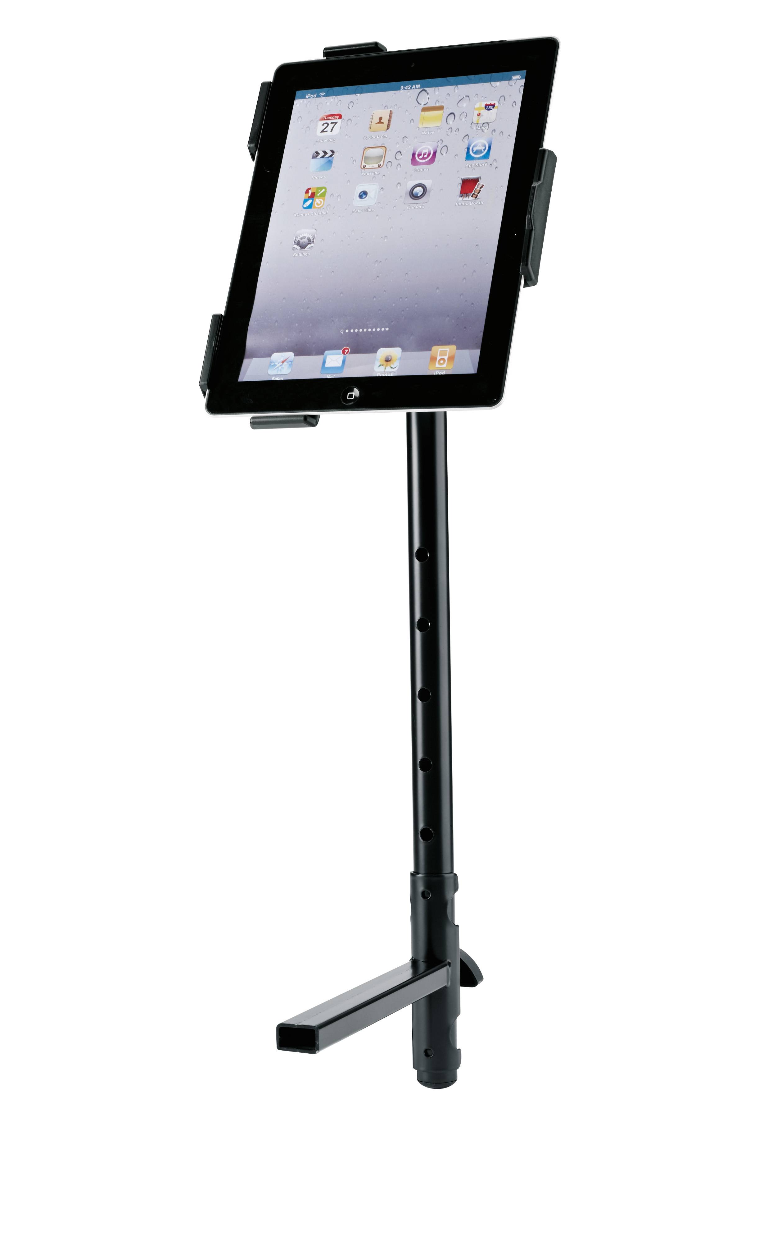 Tablet auf einem verstellbaren schwarzen Ständer mit langem vertikalem Pol und Basis, vor weißem Hintergrund dargestellt.