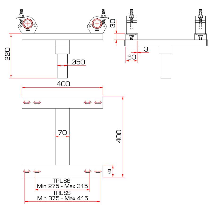 GUIL ADT-15 - Verstellbarer Truss Adapter mit 4 Aluminium Klemmen (geeignet für Traversen von 275 - 415 mm | Spigot Ø 55