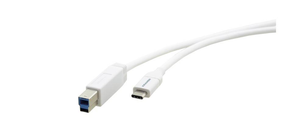 Ein weißes USB 3.0 auf USB-C Kabel zum Datentransfer und Laden von Geräten, das die beiden Anschlüsse an jeweils einem Ende zeigt.