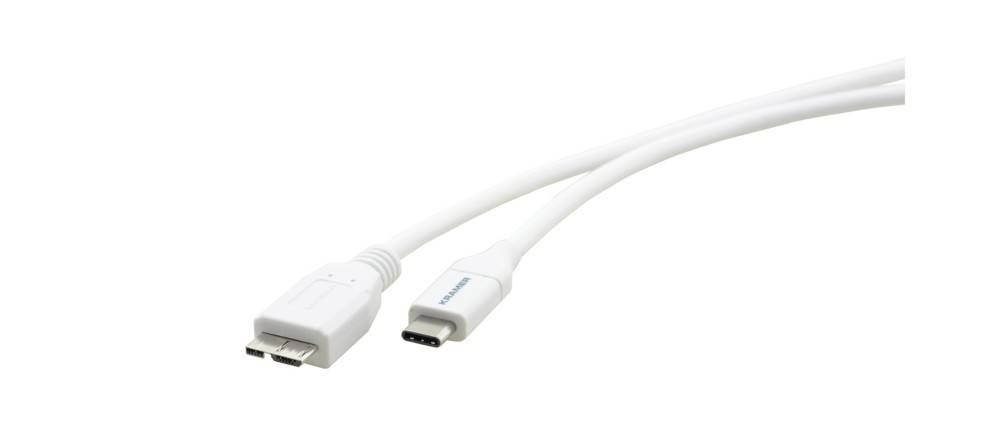 Eine Nahaufnahme eines weißen USB-C und Micro-USB-Kabels, die beide Anschlüsse deutlich zeigt. Die Beschriftung 