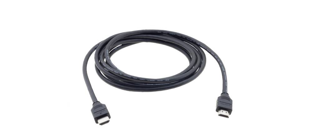 Ein gewickeltes schwarzes HDMI-Kabel mit Anschlüssen an beiden Enden, das zur Übertragung von Video- und Audiosignalen zwischen Geräten verwendet wird.