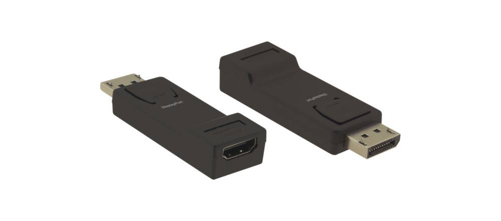 Zwei schwarze DisplayPort-zu-HDMI-Adapter werden gezeigt. Bei einem ist der HDMI-Anschluss sichtbar, beim anderen der DisplayPort-Anschluss.