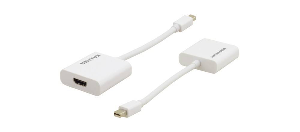 Zwei weiße Adapter mit kurzen Kabeln und Anschlüssen an beiden Enden. Einer hat einen HDMI-Anschluss, der andere einen Mini-DisplayPort, beide mit der Aufschrift 