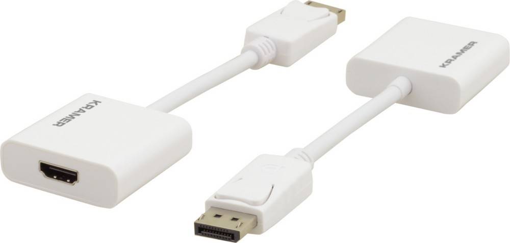 Ein weißes DisplayPort-zu-HDMI-Adapterkabel mit Anschlüssen an beiden Enden.