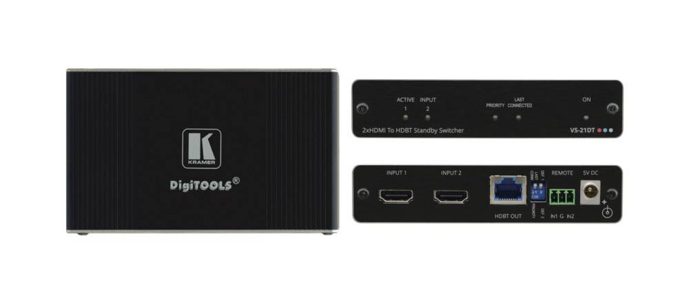 Ein schwarzer HDMI-Switch mit zwei HDMI-Eingängen und einem Ausgang, beschriftet als '2xHDMI zu HDBaseT Standby-Switch' mit Kontrollleuchten.
