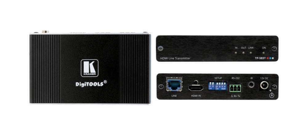 Kramer TOOLS HDMI-Leitungssendeeinheit' mit Ethernet- und HDMI-Anschlüssen sowie einem Einrichtungsabschnitt mit Schalterumschaltungen.