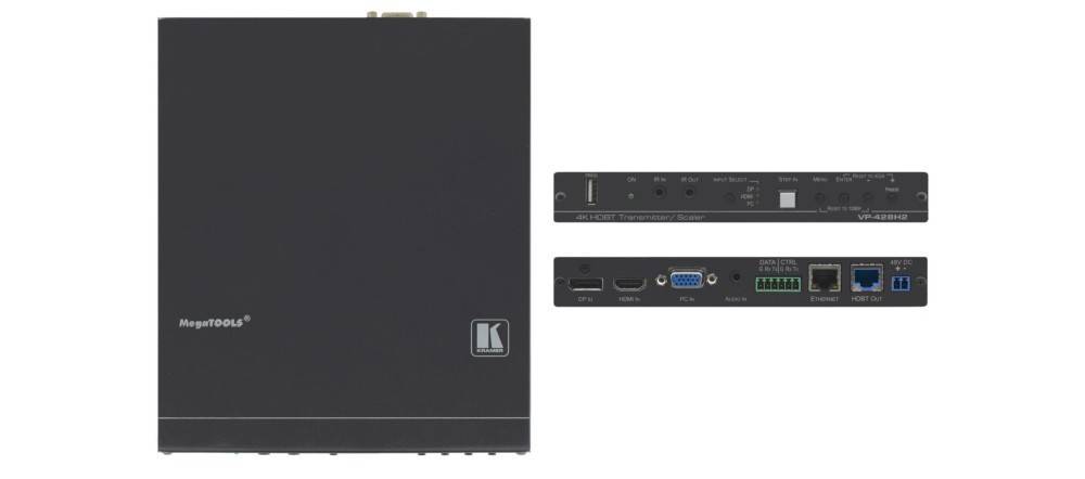 Kramer Electronics 4K HDBaseT-Sender/Skalierer, Vorder- und Rückansicht, zeigt Eingabe-/Ausgabeports für HDMI, DP, PC-In und Audio.