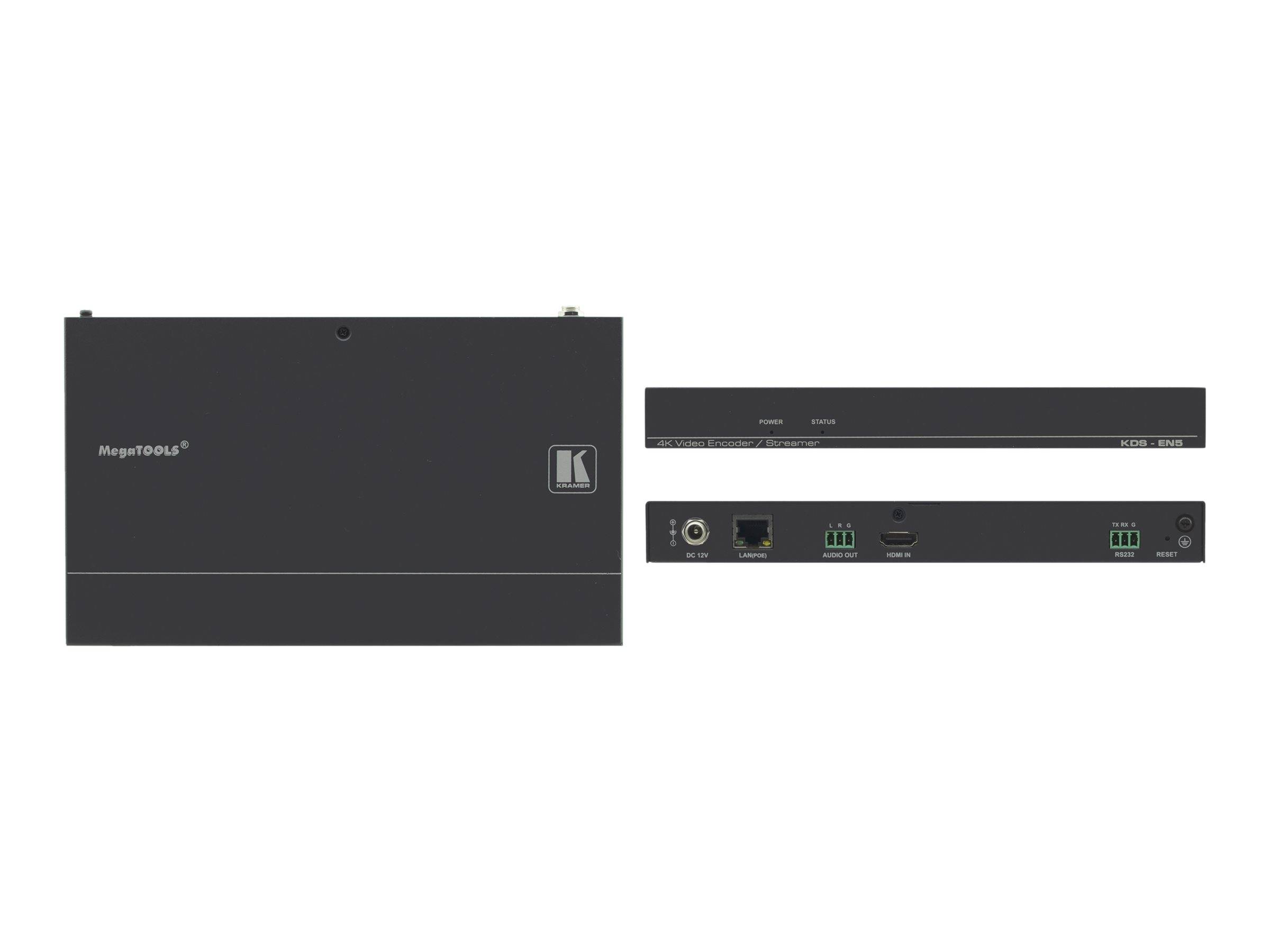 Produktbild einer schwarzen Kramer MegaTOOLs-Einheit, die von vorne, von der Seite und von hinten gezeigt wird, mit sichtbaren Ethernet-, USB- und Anschlüssen.