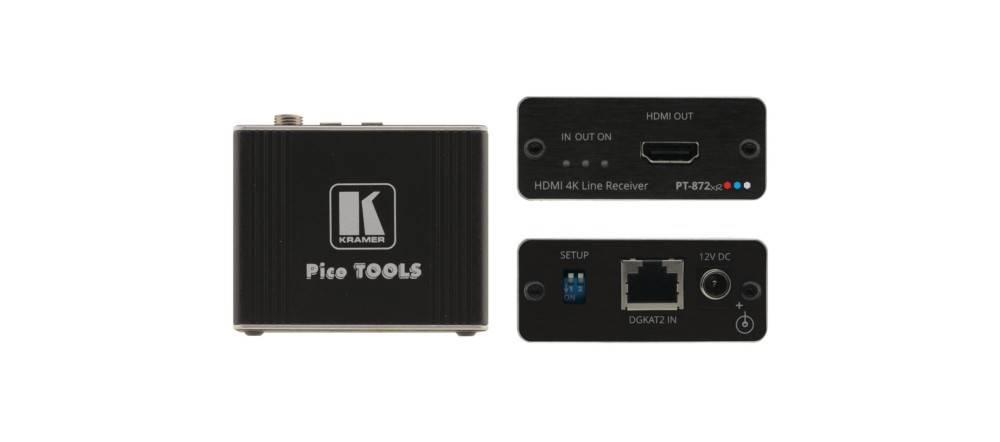 Kramer Pico Tools' HDMI 4K Leitungsempfänger mit HDMI-Eingang, Setup-Anschluss, 12V DC-Eingang und ID-Tasten an der Front- und Seitenansicht.