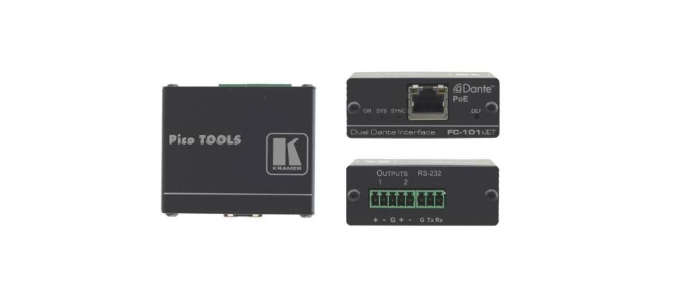 Kramer Dual Dante Interface FC-101Net mit Vorder- und Rückansicht. Beinhaltet Stromversorgung, Datenanschlüsse und Ausgabeanschlussschnittstelle.