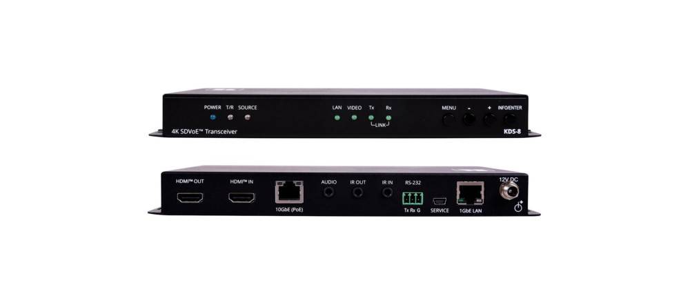 Abbildung eines schwarzen 10GbE-Transceivers mit beschrifteten Anschlüssen: Power, LAN, HDMI, Audio, IR, 10GbE (PoE). Indikatoren zeigen LAN-, Video- und IR-Status.