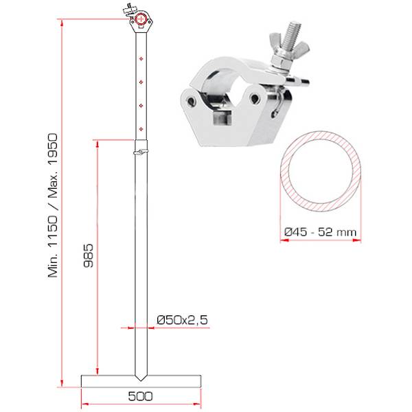 GUIL TTL-02 - T-förmiger Aluminium-Teleskoparm mit ABZ-24 Klemmkupplung (geeignet für Rohre mit Außen-Ø 45 - 52 mm |