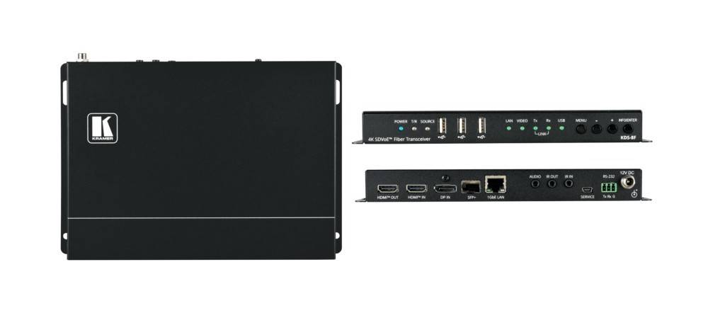 Ein schwarzer 4K SDVoE Fiber-Transceiver mit Anschlüssen für HDMI, DisplayPort, SFP+ und LAN. An der Seite des Geräts befinden sich Stromanzeigelampen und USB-Ports.