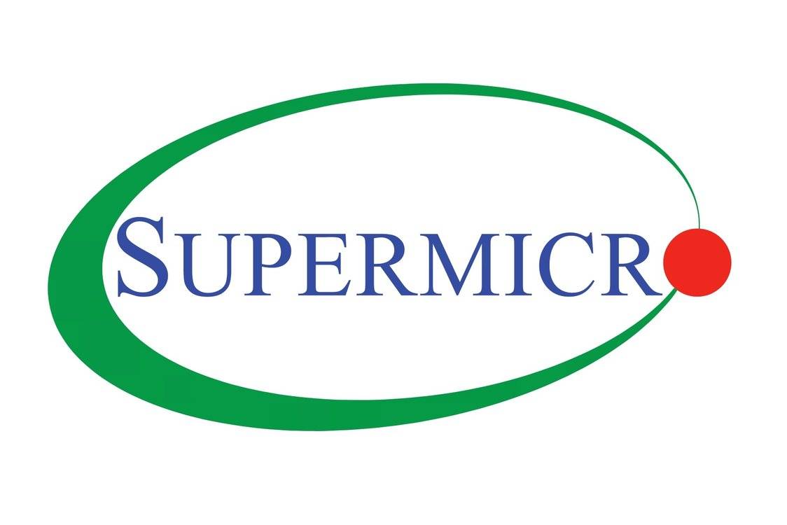 Supermicro-Logo mit blauem Wortmarkentext in einer grünen Ellipse und einem roten Punkt am rechten Ende.