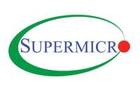 Supermicro-Logo mit blauem Wortzeichen in einem grünen ovalen Schwung und einem roten Punkt am Ende.