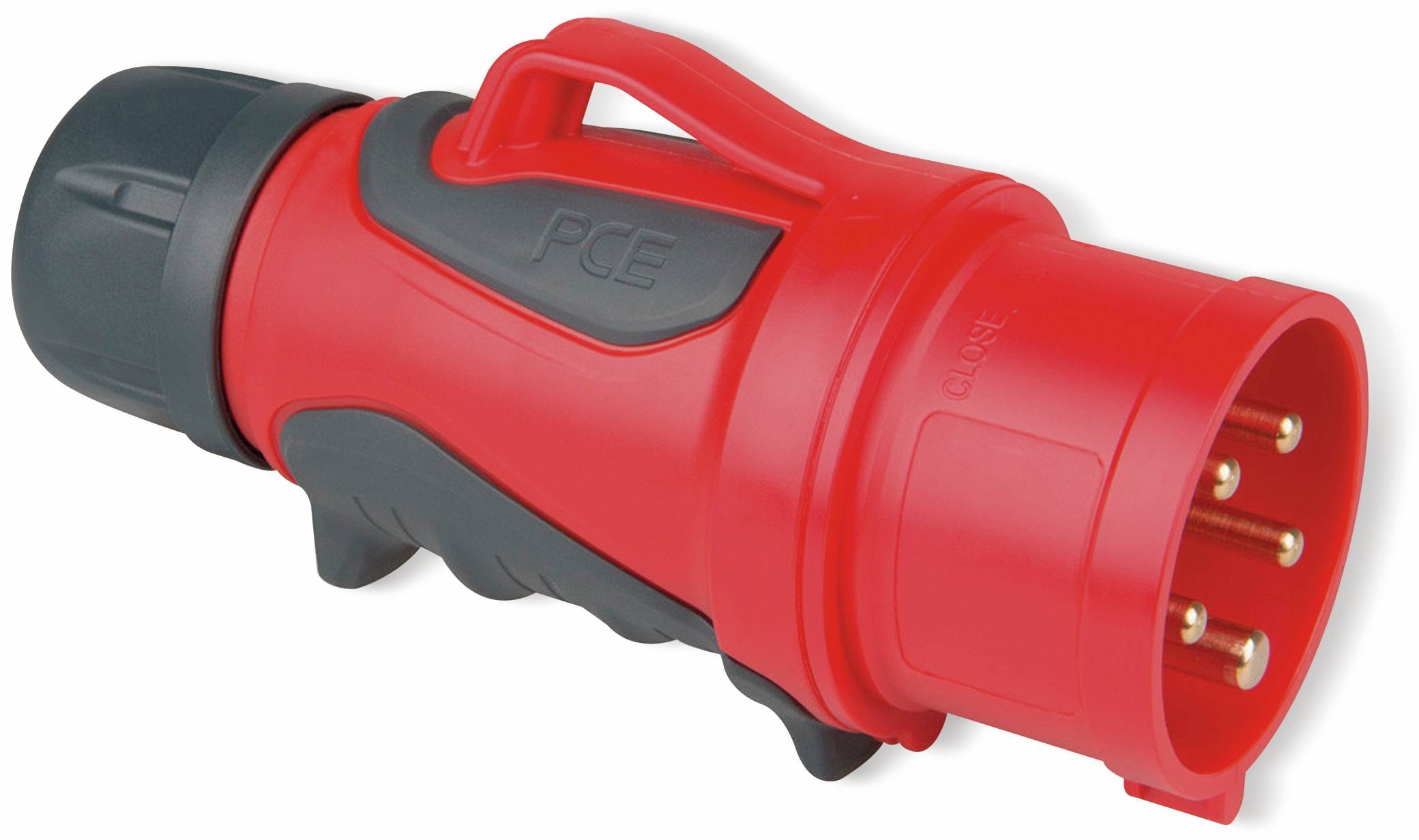 Roter industrieller elektrischer Stecker mit schwarzer Kappe und drei Metallstiften