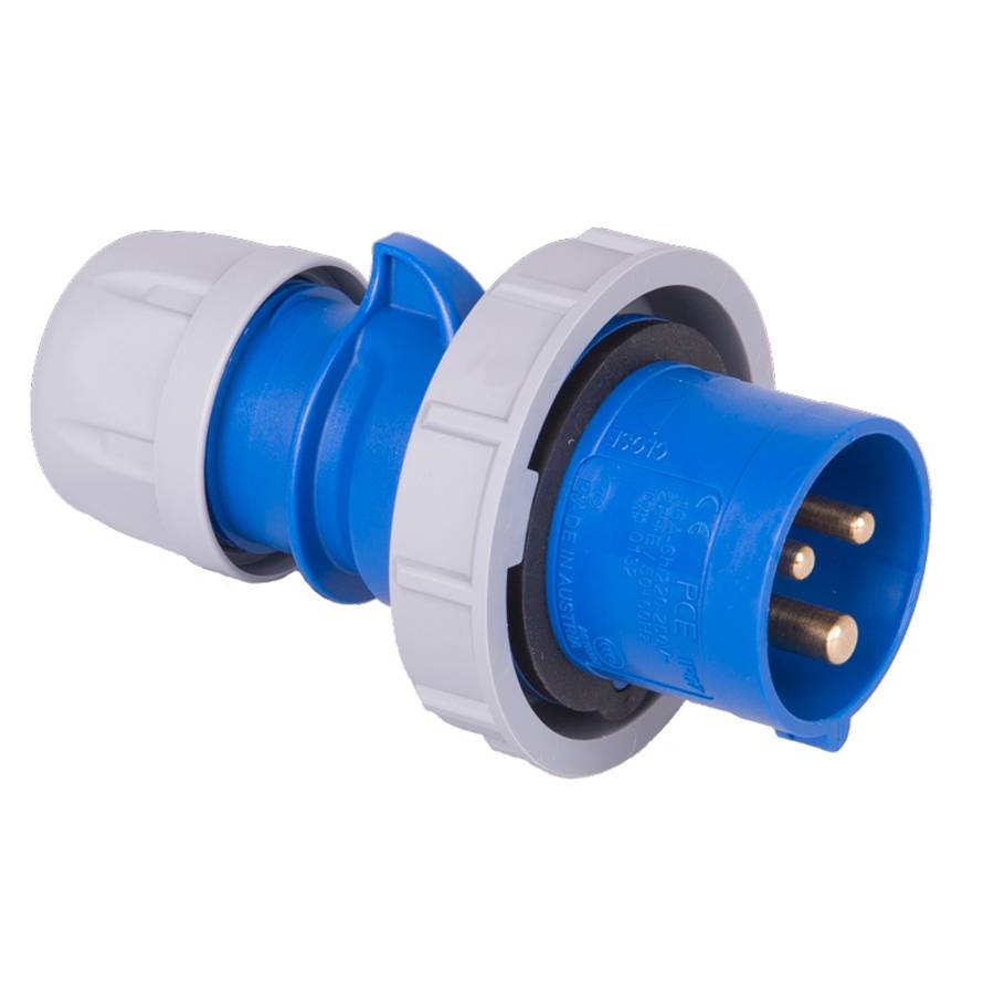 PC ELECTRIC CEE-Stecker "SHARK TT" mit schraubloser Anschlusstechnik (230V / 32A | 3-polig 6h | IP67) - in blau/grau