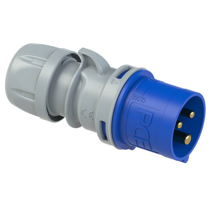 PC ELECTRIC CEE-Stecker "SHARK TT" mit schraubloser Anschlusstechnik (230V / 32A | 3-polig 6h | IP44) - in blau/grau