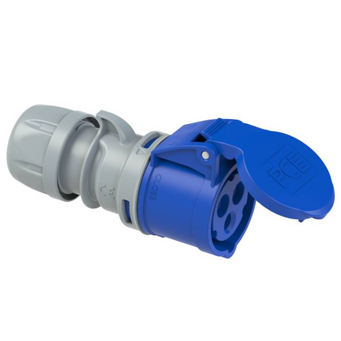 PC ELECTRIC CEE-Kupplung "SHARK TT" mit schraubloser Anschlusstechnik (230V / 32A | 3-polig 6h | IP44) - in blau/grau
