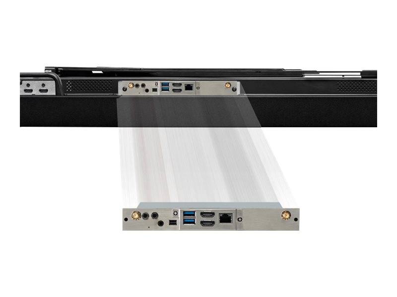 Rück- und Vorderansichten eines schlanken elektronischen Geräts mit den hinteren und vorderen E/A-Anschlüssen, einschließlich USB-, HDMI- und Audioanschlüssen.