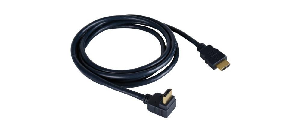 Ein schwarzes HDMI-Kabel mit einem rechtwinkligen Anschluss an einem Ende, geeignet für die Verbindung von Multimediageräten in beengten Räumen.