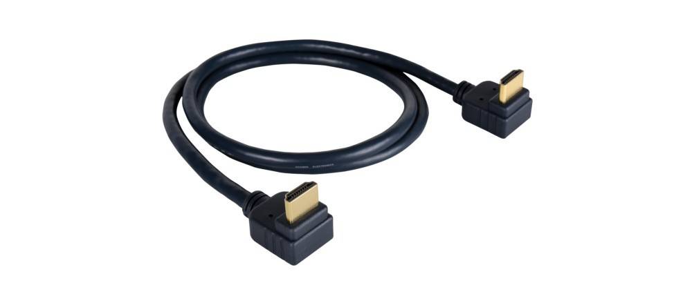 Ein schwarzes HDMI-Kabel mit goldenen Anschlüssen ist in einer kreisförmigen Form aufgerollt.