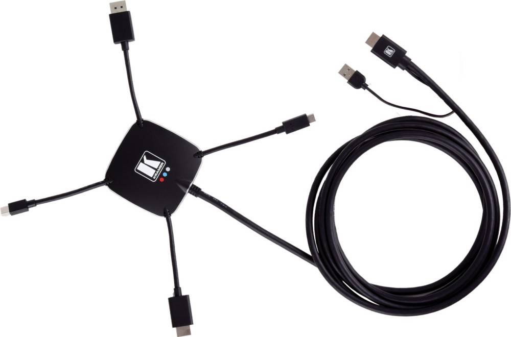 Ein schwarzes universelles Kabel mit vier verschiedenen Anschlüssen: HDMI, Micro-USB, Mini-USB und USB Typ-C, in einer 