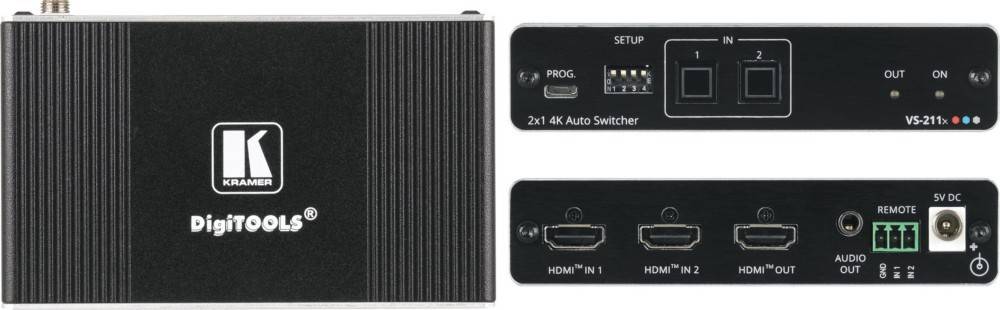 2x1 4K Auto Umschalter' Geräteansicht von vorne und hinten, die den PROG-Anschluss, Einstellungsschalter und HDMI-IN-Anschlüsse für Audio-Video-Verbindungen zeigt.