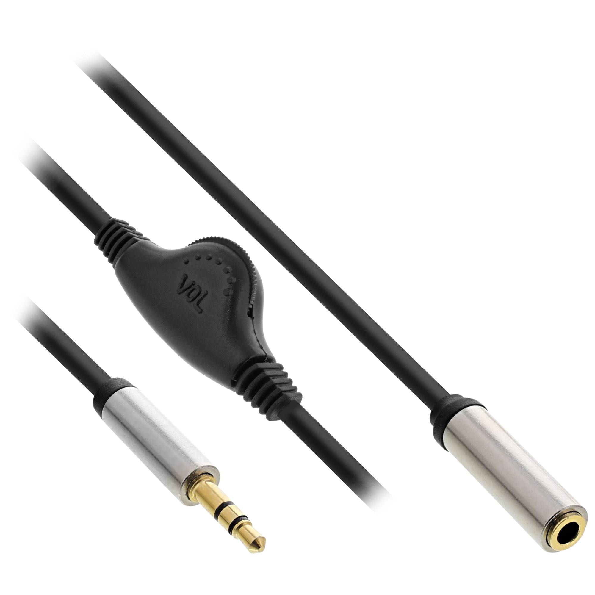 Schwarzes Audiokabel mit 3,5-mm-Klinkenstecker auf der einen Seite, größerem rundem Stecker auf der anderen Seite und einem integrierten Steuermodul in der Mitte.