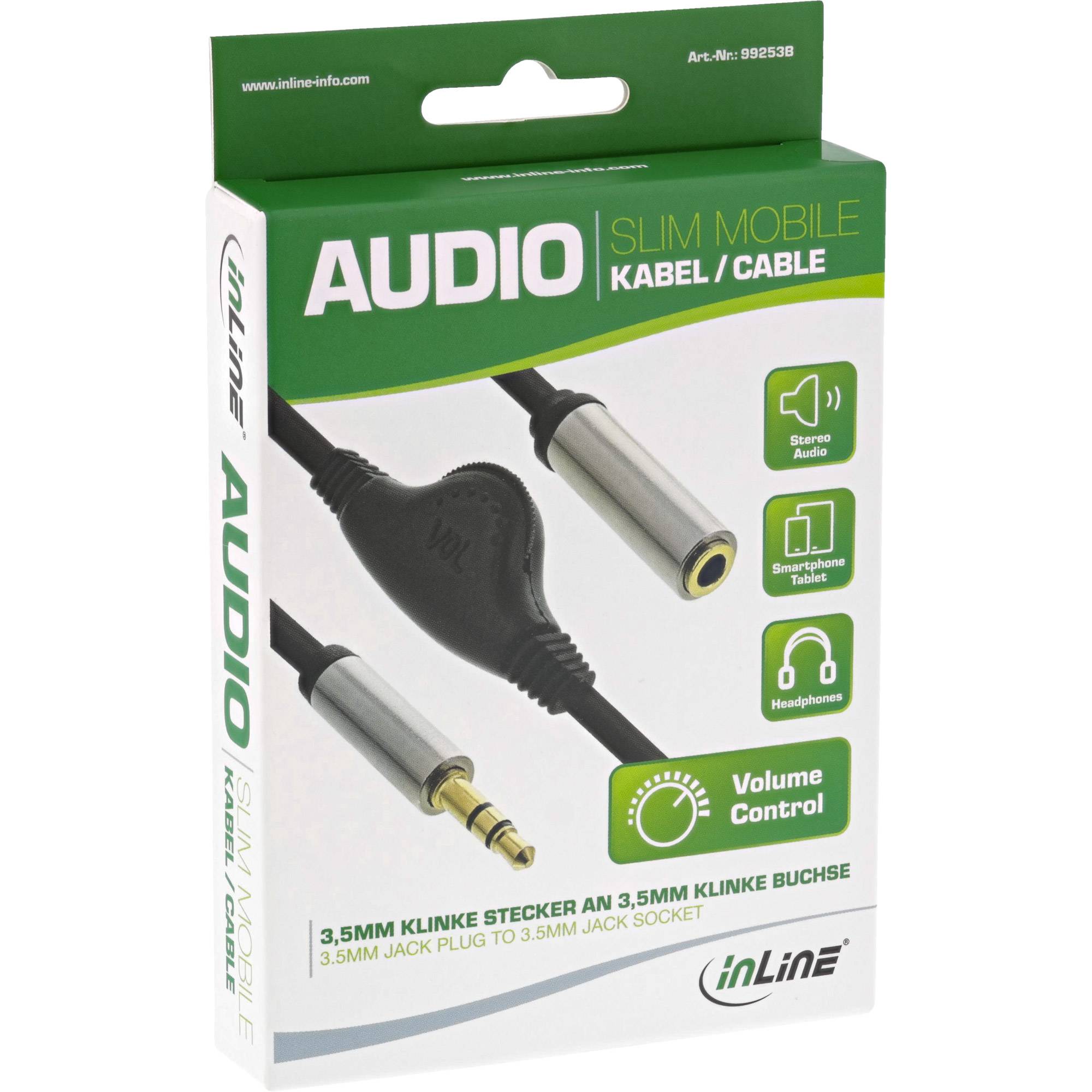Verpackung für ein InLine Slim-Audiokabel: 3,5-mm-Klinkenstecker auf 3,5-mm-Klinkenbuchse mit Lautstärkeregelung, für Stereoaudio, Smartphones und Kopfhörer.