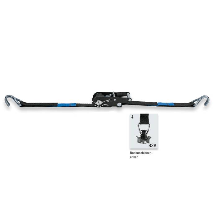 SAFETEX Zurrgurt "Blackline" mit Druckratsche & Bodenschienenanker (WLL 750kg | 2-teilig | 25,0mm Bandbreite | Länge