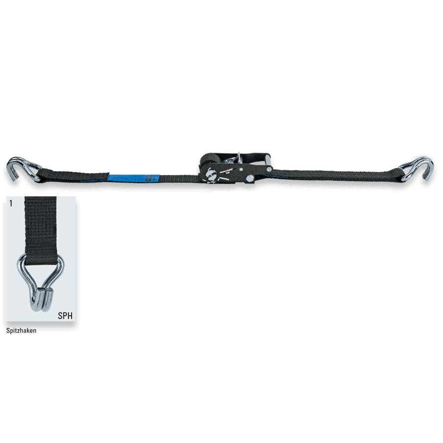 SAFETEX Zurrgurt „Blackline“ mit Druckratsche & Spitzhaken (WLL 1.000kg | 2-teilig | 35,0mm Bandbreite | Länge 6,00m) –