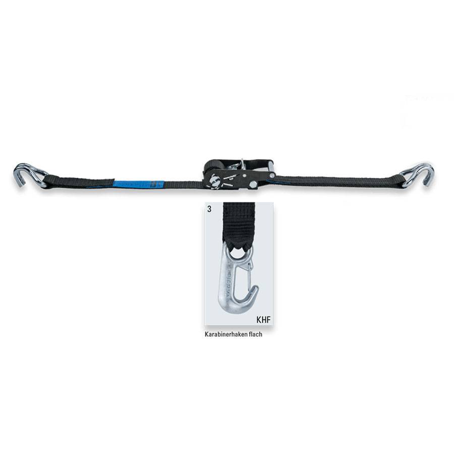 SAFETEX Zurrgurt „Blackline“ mit Druckratsche & flachem Karabinerhaken (WLL 1.000kg | 2-teilig | 35,0mm Bandbreite |