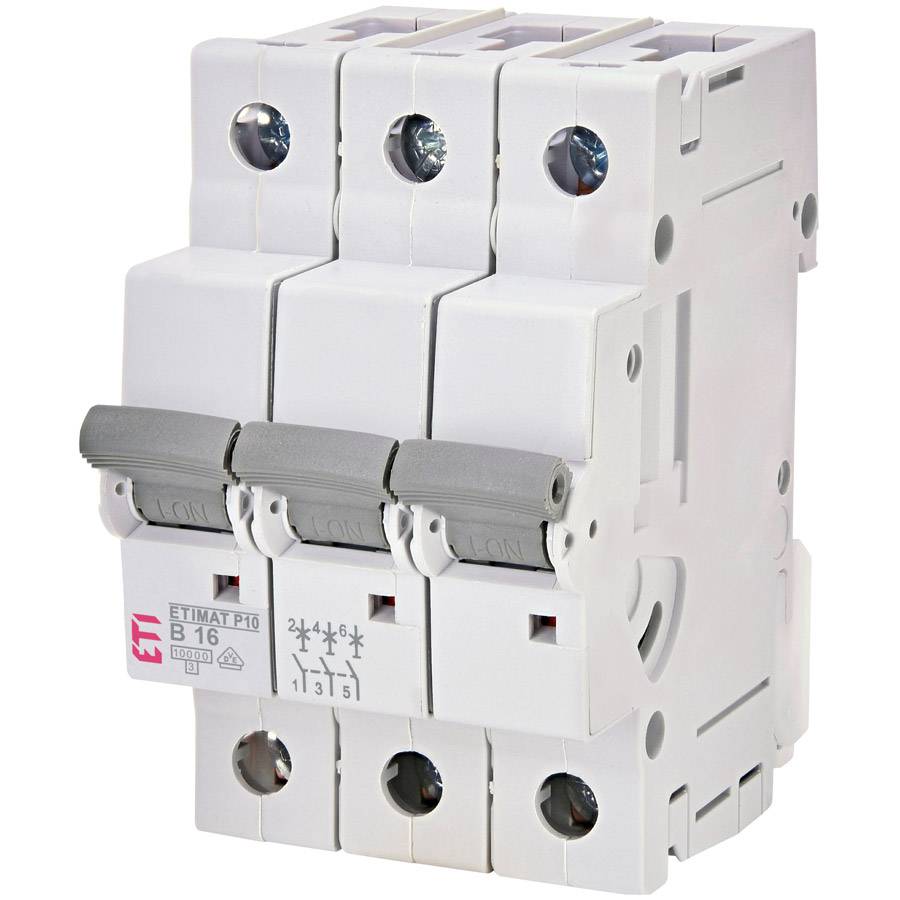 Ein weißer, dreipoliger Leitungsschutzschalter mit grauen Schaltern, seitlich mit „B 16