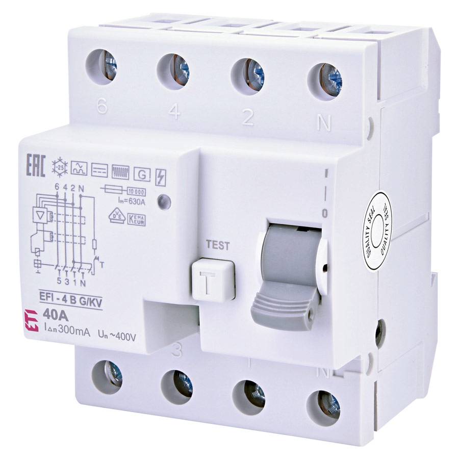 ETI 002064653 - Fehlerstromschutzschalter EFI-4 B G/KV 40/0.3 (Typ B | 400V | 40A | G/KV kurzzeitverzögert | 50/60 Hz)