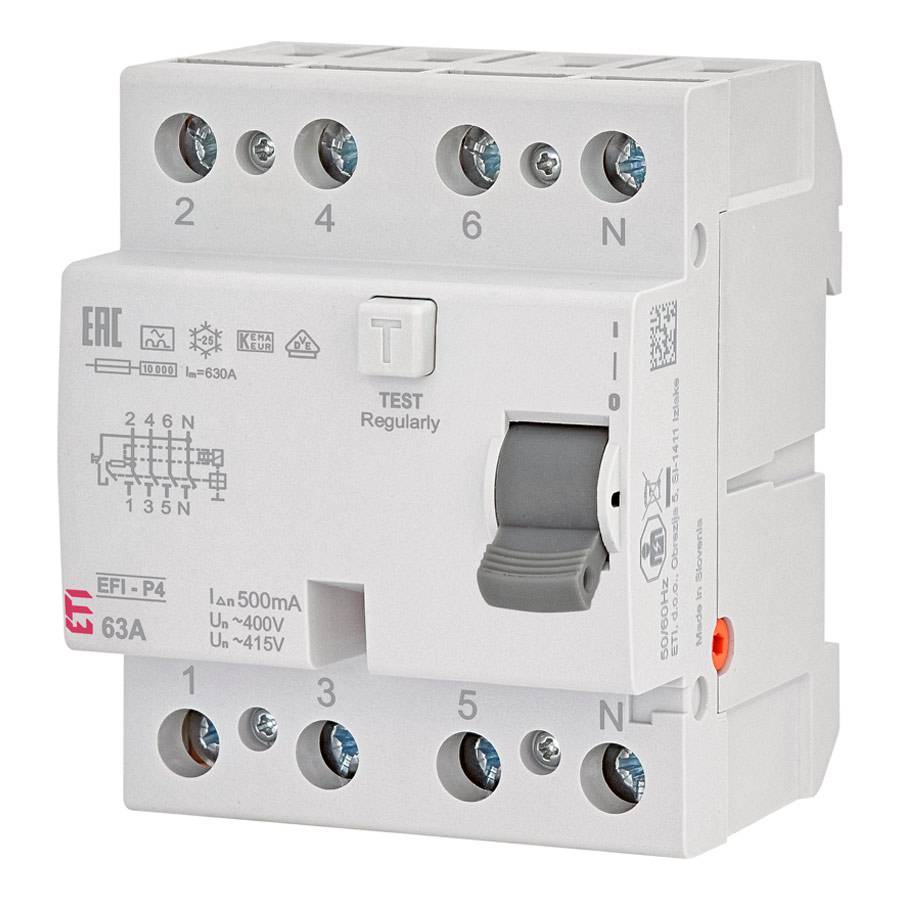 ETI 002061543 - Fehlerstromschutzschalter EFI-P4 A 63/0.5 (Typ A | 415V | 63A | unverzögert | 50/60 Hz)