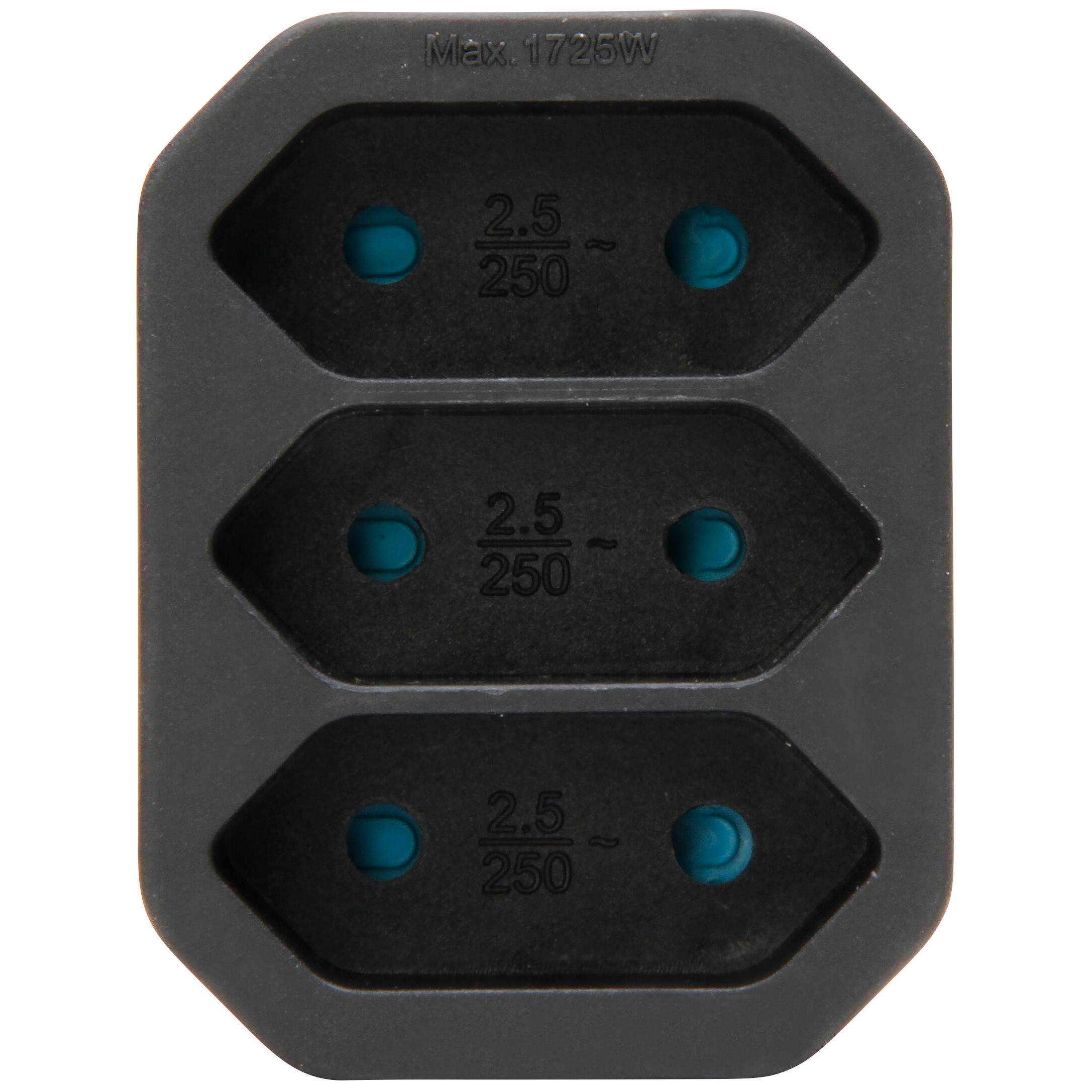 Schwarzer dreifacher Elektrosteckdosenadapter mit drei europäischen Steckdosen, gekennzeichnet mit „Max. 1725W" und „2.5/250"" auf jeder Steckdose.
