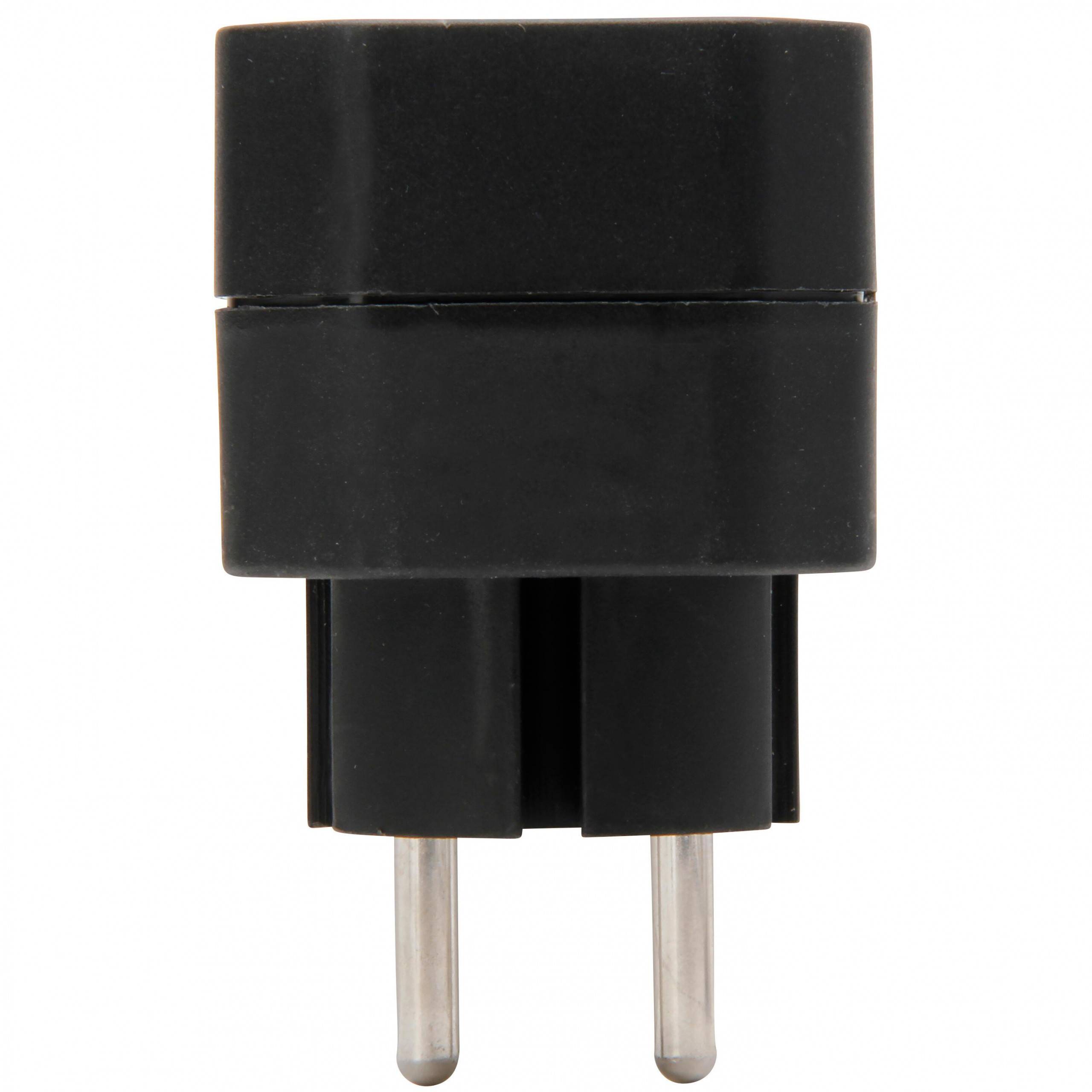 Schwarzer zweipoliger Steckeradapter mit abgerundeter rechteckiger Form und Metallkontakten auf weißem Hintergrund
