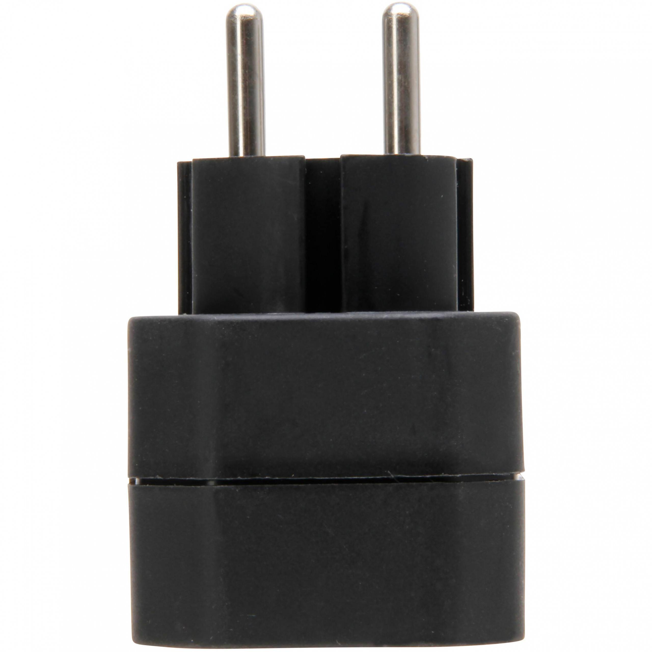 Schwarzer zweipoliger Steckdosenadapter auf weißem Hintergrund.